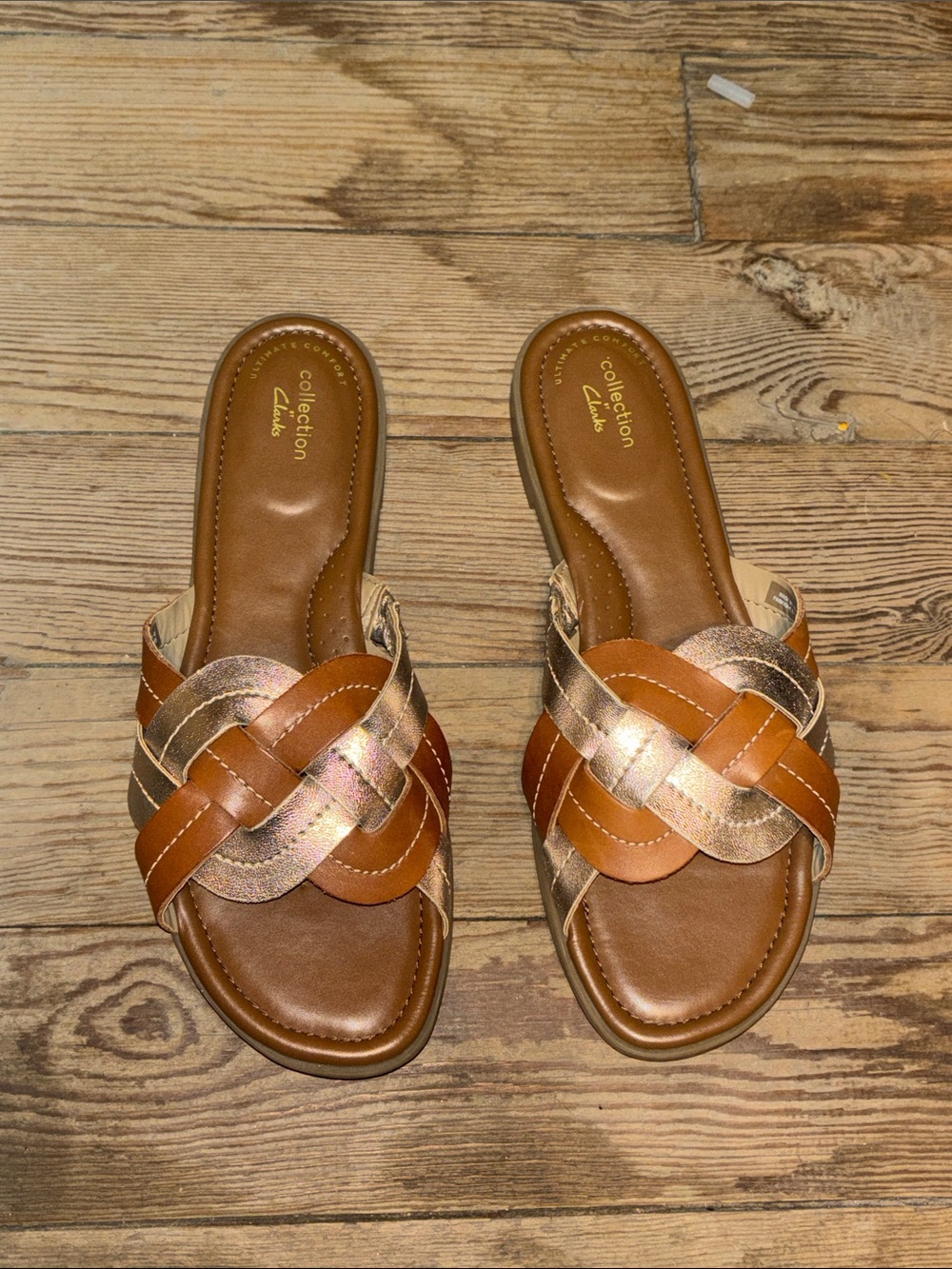 Clarks Brown and Metallic Braided Slide Sandals